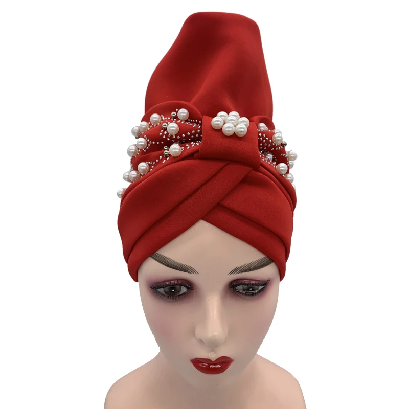 Latest Design African Auto Gele Headtie Muslim Turban Caps with Pearls Headwrap for Women Wedding Party Cap Headwear