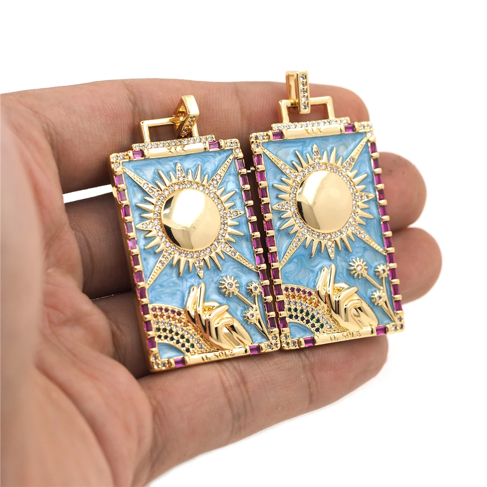 Fashion Blue Enamel Tarot Pendant Female Cubic Zirconia Sun Necklace Religious Jewelry DIY Jewelry Making Supplies