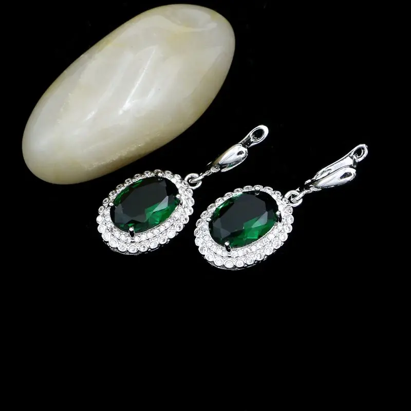 Silver 925 Earrings for Women Natural Green Cubic Zirconia White Crystal Round Stone Jewelry