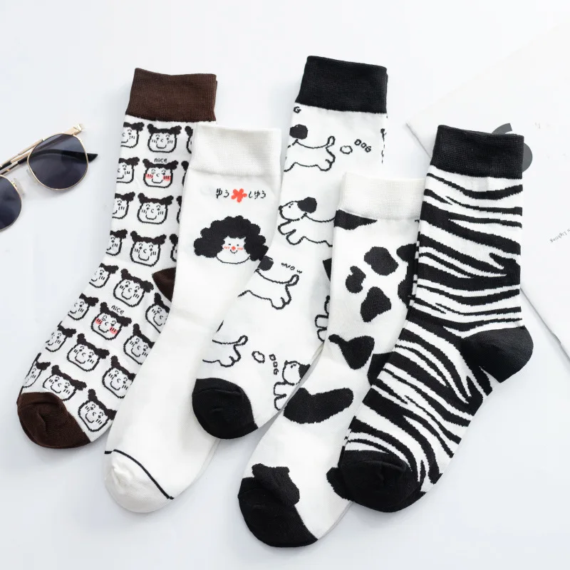 1 Pair Cartoon Cute Womens Cotton Socks Cow Zebra Dog Cross Stripes Houndstooth Fingers Portrait Illustration Happy Funny Socks