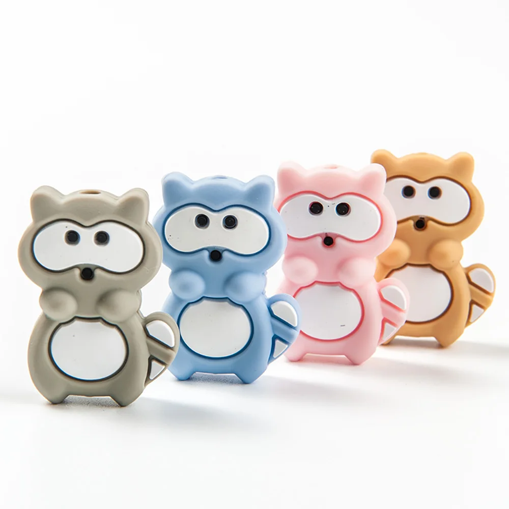 10pcs/lot Cartoon Raccoon  BPA Free Food Grade Silicone Beads Chew Toys Accessories Baby Teethers DIY Necklace Pendan