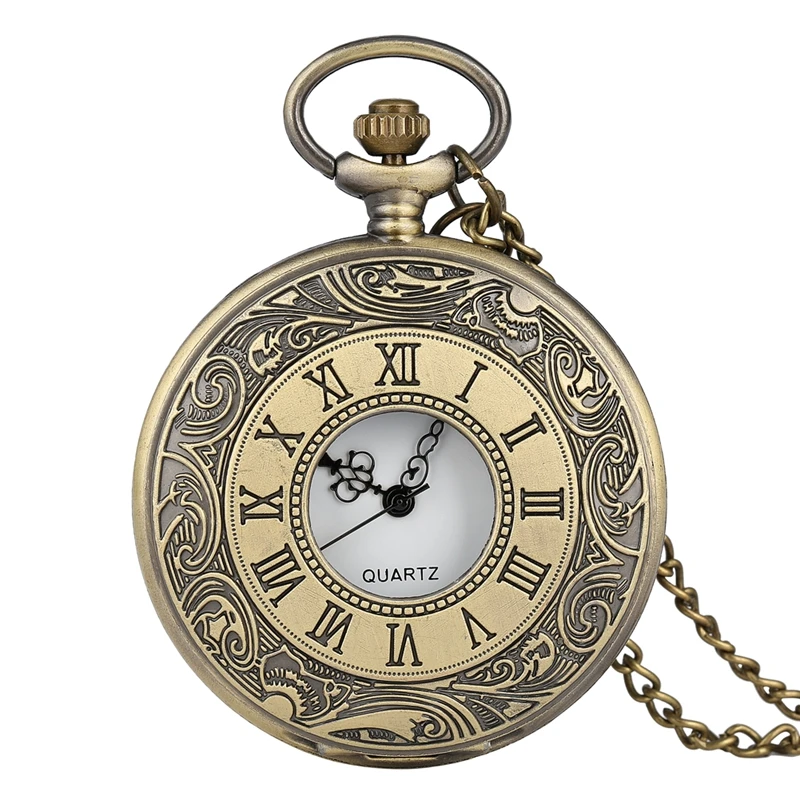 Retro bronze gravado numeral romano relógio de bolso de quartzo oco antigo colar corrente presentes para homens relógio feminino acessório