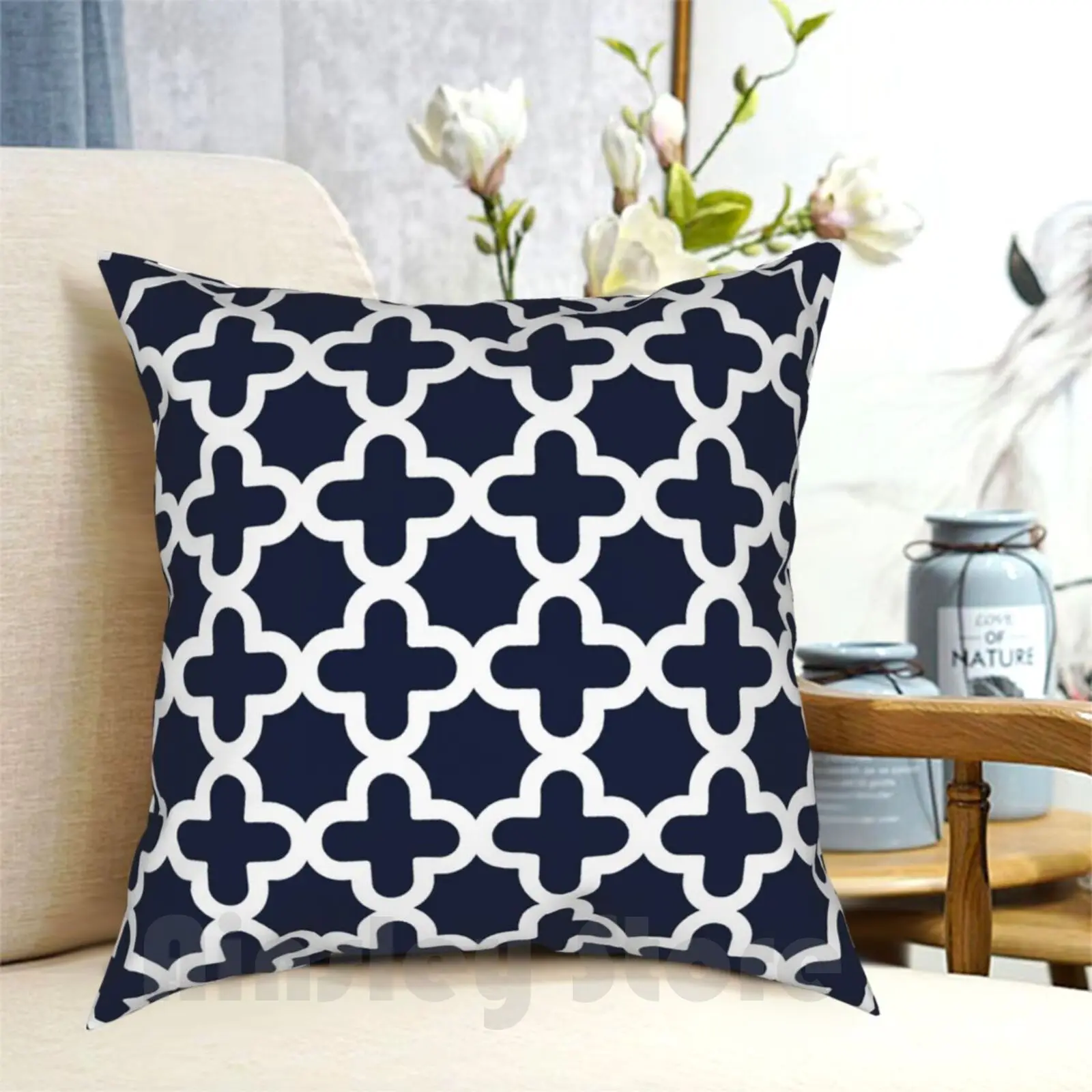 Dark Blue & White , Quatrefoil Pattern Pillow Case Printed Home Soft Throw Pillow Dark Blue White Quatrefoil Moroccan