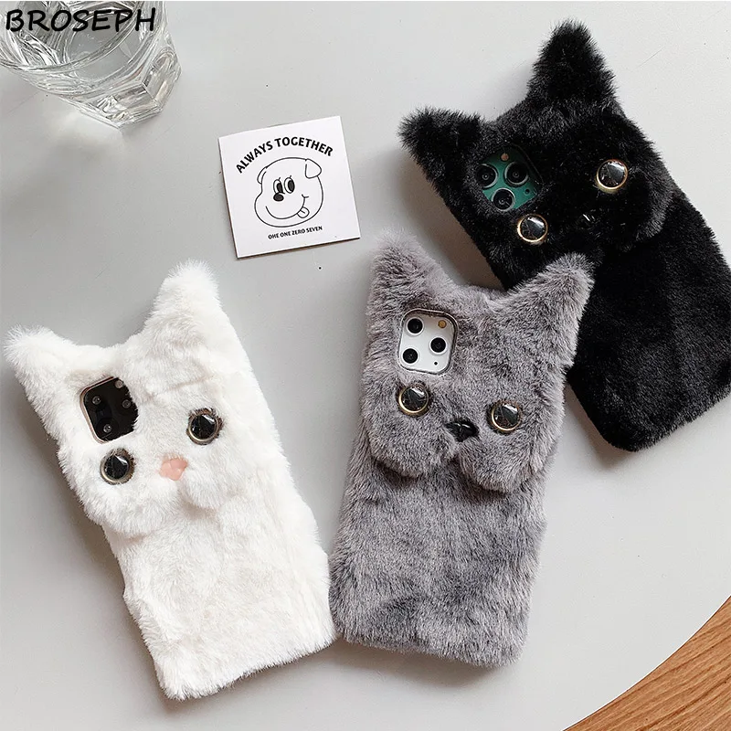 Winter Warm Plush Phone Case for iPhone XS XR X 12 11 Pro Max Cute Cat Furry fluffy Cover for iPhone 6 6s 7 8 Plus Women Cases