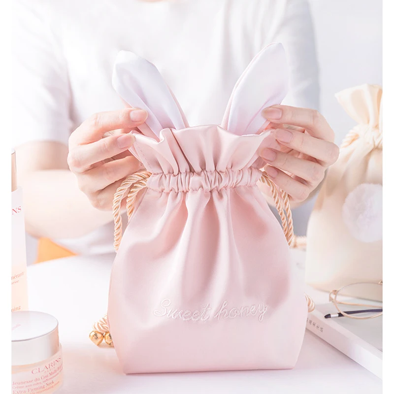 Girls Storage Bag Cute Rabbit Fur Ball Drawstring Makeup Organizer Women Portable Travel Cosmetics Bag Pouch Jewellery Container