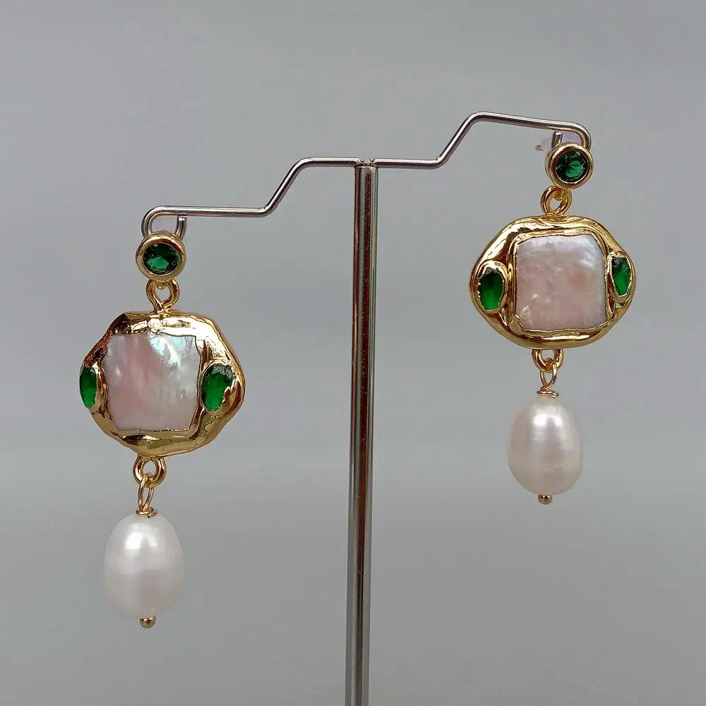 YYGEM Freshwater Cultured White Square Pearl Rice Pearl Green Crystal Dangle Stud Earrings