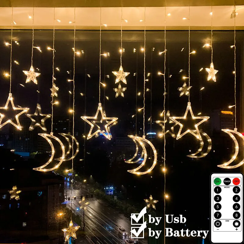 

LED Moon Stars Curtain Lights USB Battery Remote Control Christmas Garlands Fairy String Lights Xmas Party Wedding Home Decor