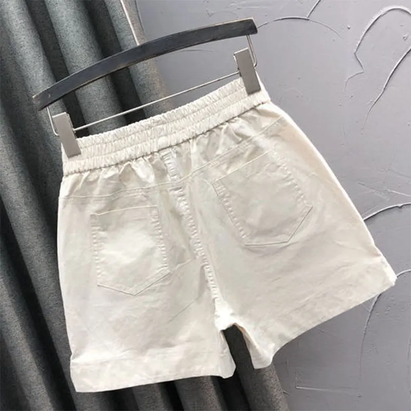 2021 Summer New Korea Fashion Women Elastic Waist Loose Shorts All-matched Casual Cotton Denim White Hot Pants V410