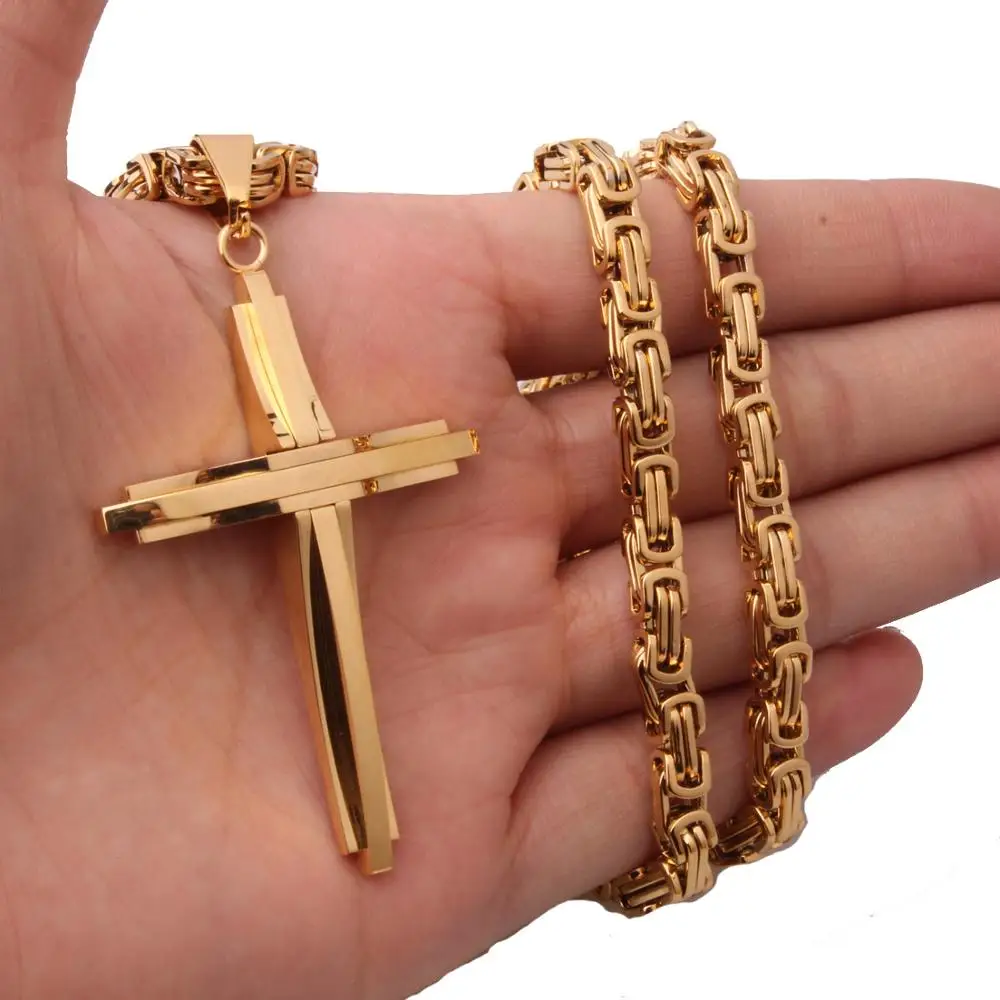 Cool Cross Gold Color Necklaces Men Women Pendant Stainless Steel With 5MM Byzantine Chain Christian Crucifix Jewelry