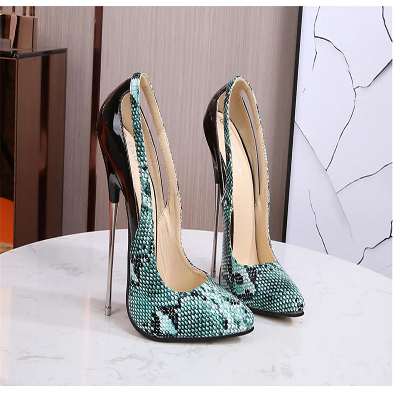 Hot ! Serpentine Pattern Shoes Women's 16cm Heels 2020 Metal Stiletto High Heels Sexy Snake Print Female Shoes 46 WZ