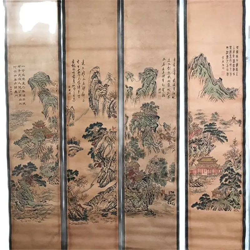 China Old Scroll Painting Four Screen Paintings Middle Hall Hanging Painting Landscape Painting