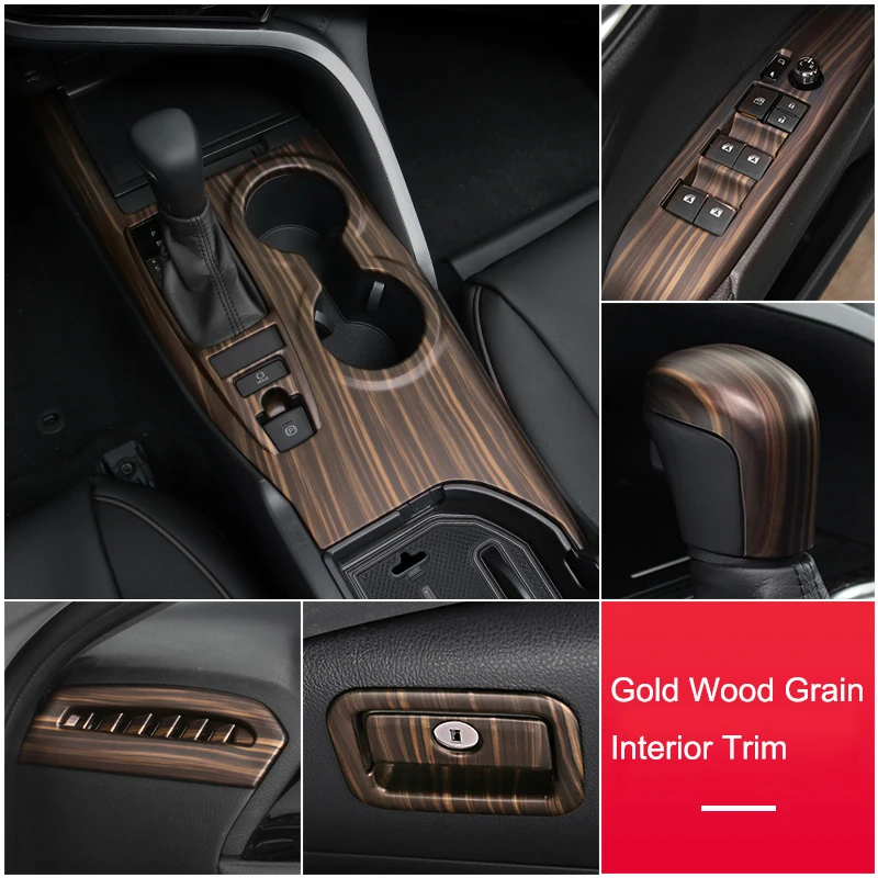 QHCP Car Gold Wood Grain Interior Trim Gear Head Sticker Water Cup Panel Air Vent Frame Armrest Box Cover For Toyota Camry 18-22