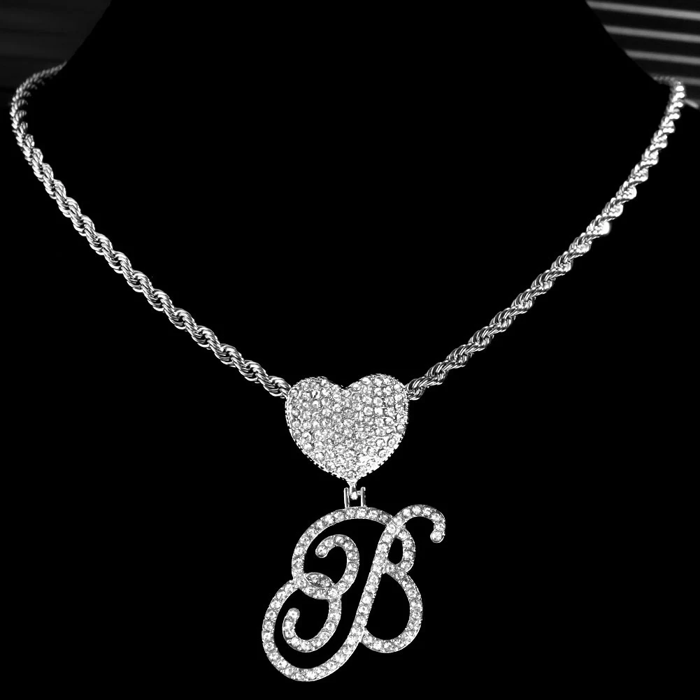 Women Men Stainless steel Rope Chain Cursive Letters Pendant Necklaces Iced Out Letters With Heart Metal Necklace Hiphop Jewelry