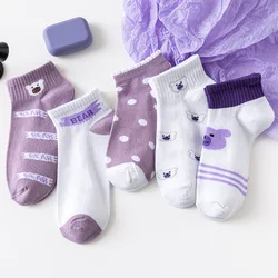 5 Pairs Women's no Show Socks Korean Summer Thin Cartoon Animal Purple Bear Cute Boat Socks Invisiable Funny Girl Ankle Sock Set