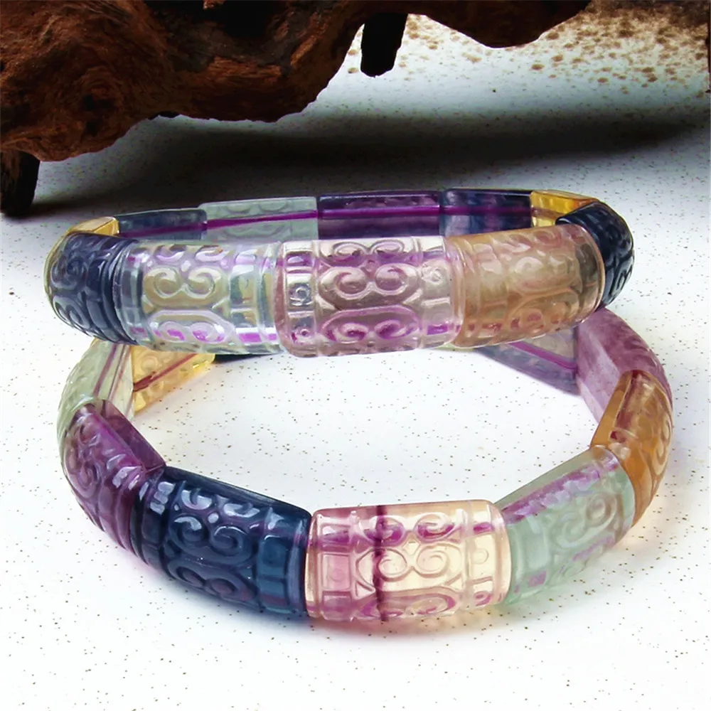 

Natural Colorful Fluorite Quartz Flower Carved Clear Beads Bracelet 17x13mm Crystal Fluorite Women Men AAAAA