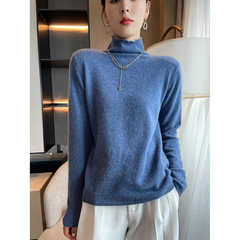 

Hot Sale 100% Pure Australian Wool Knitted Sweaters Women Turtleneck Long Sleeve Solid Color Knitwears Female Soft Warm Pullover