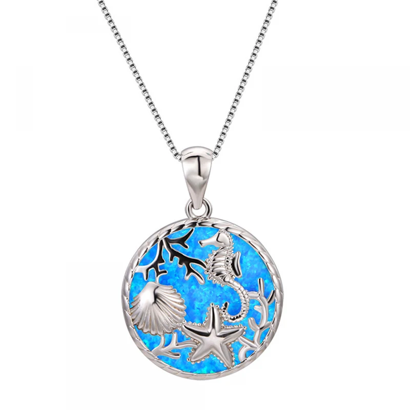 Cute Shell Starfish Seahorse Coral Carving Women Necklace Party Girl Gift Fashion Imitation Blue Opal Pendant Necklace For Women