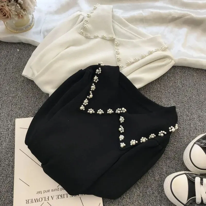 Pearl Beading Knitted T Shirt Tops Women Summer Short Sleeve Turn-down Collar Pullover Solid Slim Korean Fashion Female T-shirts