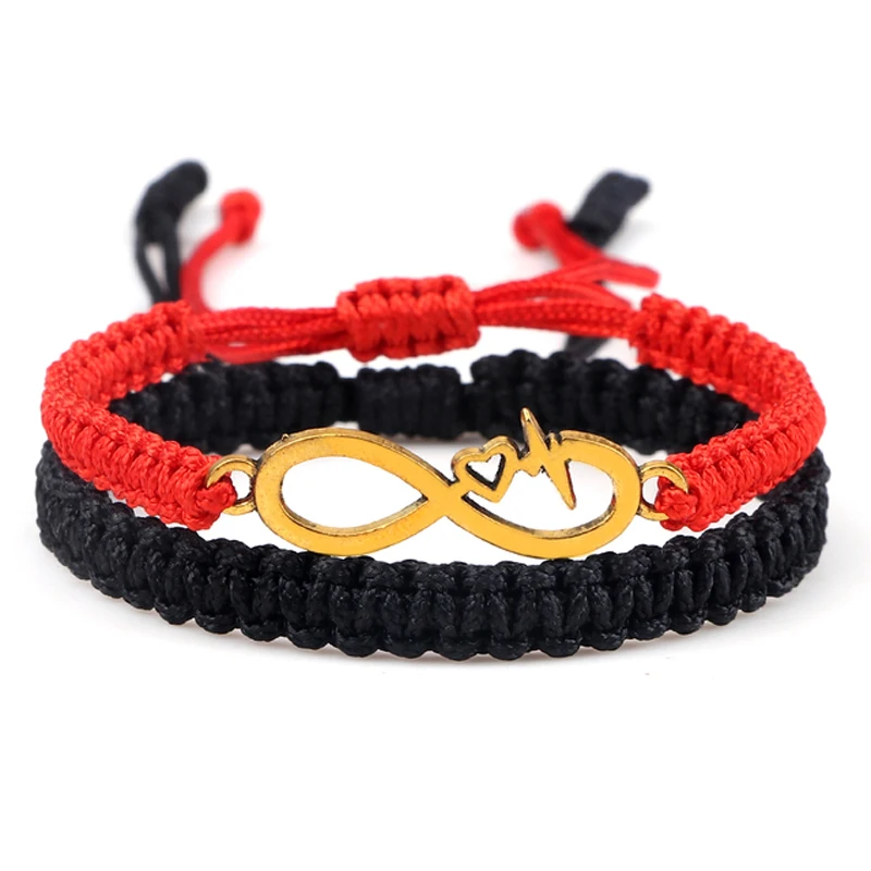 2pcs Fashion Couple Metal Red String Braided Rope Bracelets Gold Color Heart Tibetan Buddhist Bangles Women Men Handmade Jewelry