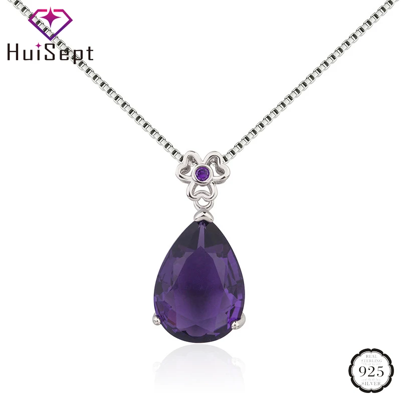 HuiSept Silver 925 Jewelry Necklace for Women Wedding Water Drop Shaped Amethyst Gemstone Pendant Valentine Day Gift Ornaments