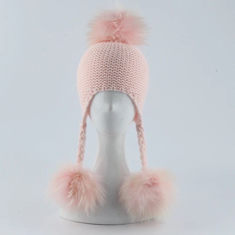 Inverno bebê gorro chapéu crianças earflap boné crianças 3 pompom pele lã chapéu natural pele real pom pom chapéu para meninas meninos