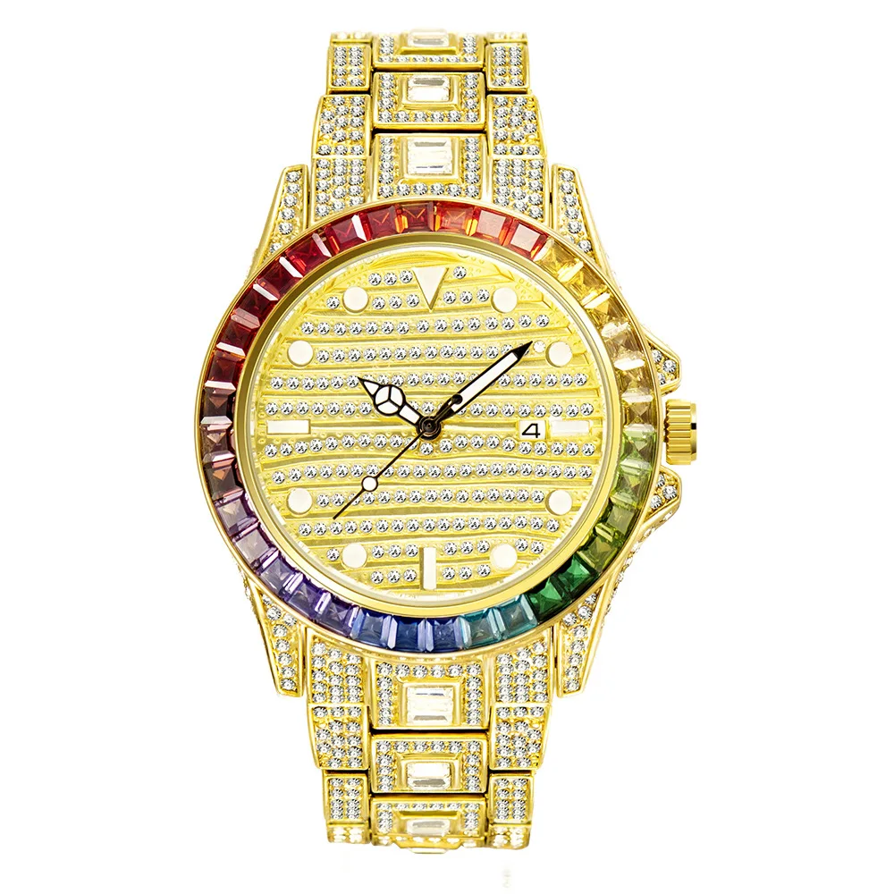 Hip Hop Mens Watches Luxury Date Quartz Wrist Watches Micro Pave CZ Watch Link Chain Bracelet For Men Jewelry Gold Color Rose