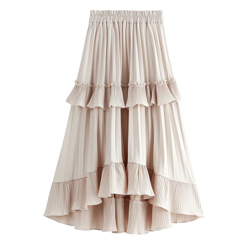 Beige White Fashion Korean Ruffle Midi Long A-Line Skirt Women Casual Autumn Winter High Waist Irregular All-match Skirts Female