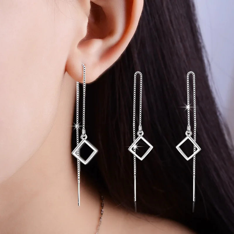 Simple Fashion 925 Sterling Silver Geometric Square Strip Tassel Earrings For Women pendientes S-E489