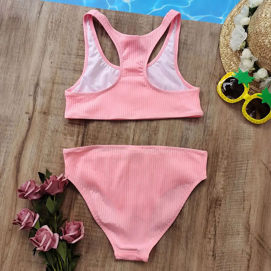 7-14 Years Girl Swimsuit Kids Letter Print Girl Bikini Set Sport Two Piece Children's Swimwear Belt Girls Bathing Suit Beachwear