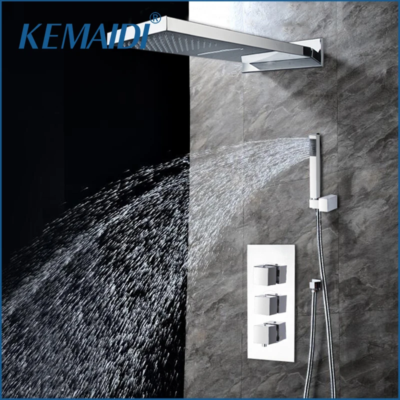 

KEMAIDI Luxury Chrome Thermostatic Shower Faucets Set Rain Waterfall Shower Systerm Bathroom 4 Function Shower Mixers