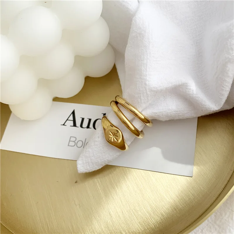 New Stainless Steel Engrave Starburst Signet Plain Round Stacker Rings for Women 18K Gold Plated Color  Ring Waterproof Jewelry