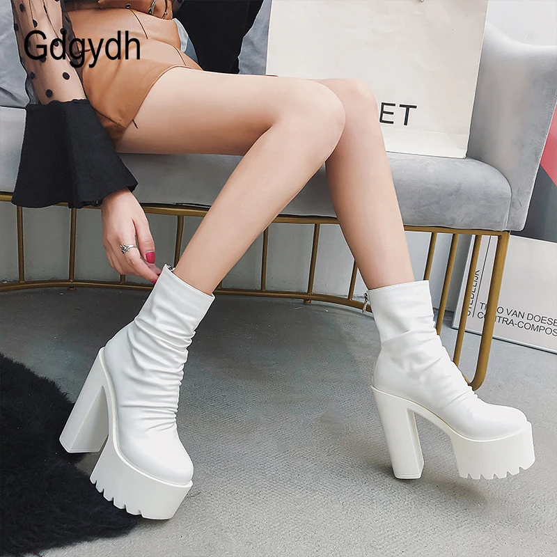 Gdgydh Autumn Winter Platform Boots High Heels Back Zipper Black White Short Boots For Women Waterproof Gothic Shoes