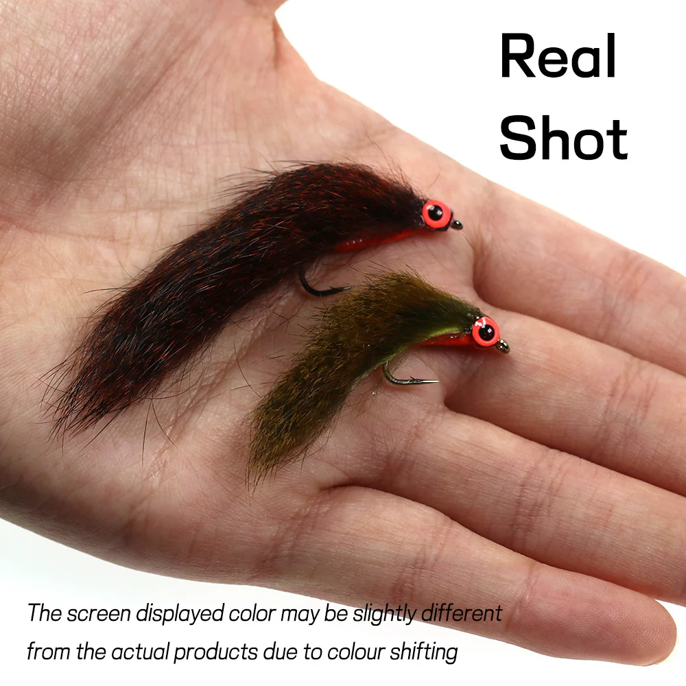 Bimoo 4PCS #6 #8 Olive/Red-Brown Squirrel Strip Zonker Fly Streamers with 3D Luminous Eye Trout Pike Bass Fishing Lure Bait