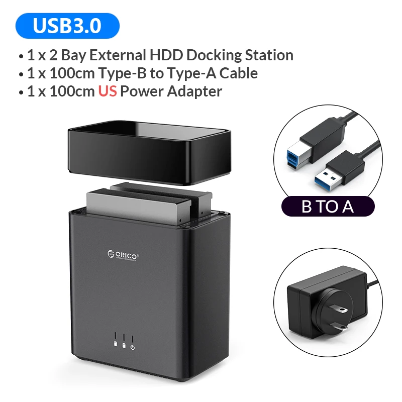 ORICO DS-Serie 2-Bay 3,5-Zoll-USB3.0-Festplattengehäuse Magnetisches USB3.0-zu-SATA3.0-Festplattengehäuse unterstützt UASP 12V4A-Stromversorgung