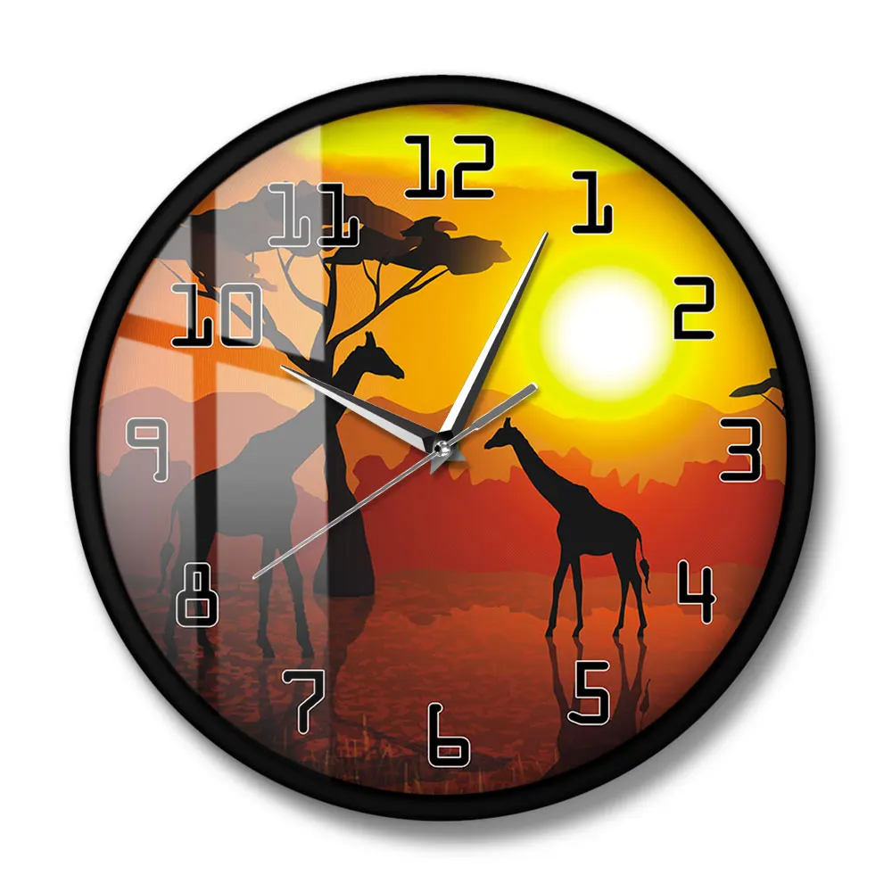 Wildlife Giraffe Wall Art Decorative Wall Clock Serengeti African Sunset Savannah Safari Wall Decor Hanging Timepiece Wall Watch