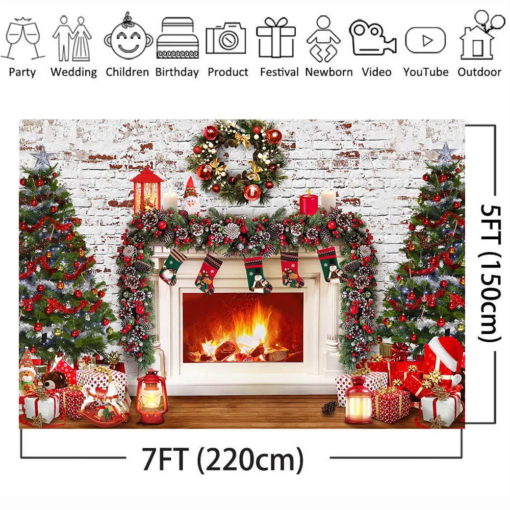 Mocsicka-クリスマスツリーの写真の背景,白いレンガの壁,暖炉,クリスマスリース,家族の肖像画,写真の背景
