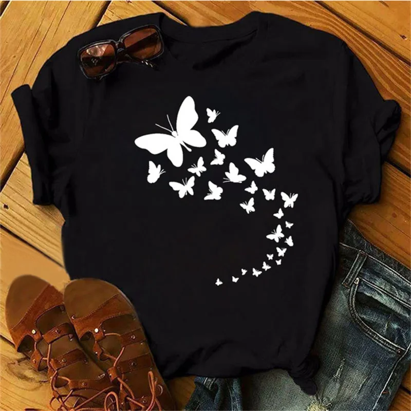 Maycaur Woman Star Moon Print Harajuku Summer Tshirts Casual Round Neck Short Slee Top Tee Shirt Women Black T-shirt Drop Ship