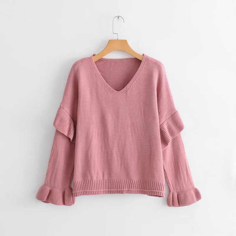 

Pure Color 2019 New V-Neck Women Autumn Spring Knitted Jumpers Female Pullover Fashion College Tops Warm Sweater Pullovers H9483