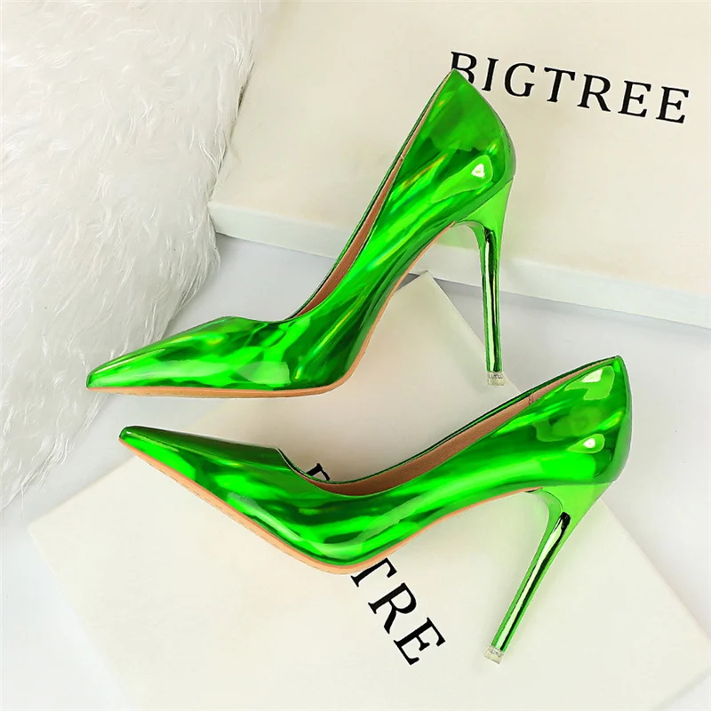 2023 New Fashion Women Designer Blue Green High Heels Pumps Patent Leather Stripper Stiletto Wedding Holographic Shoes Plus Size