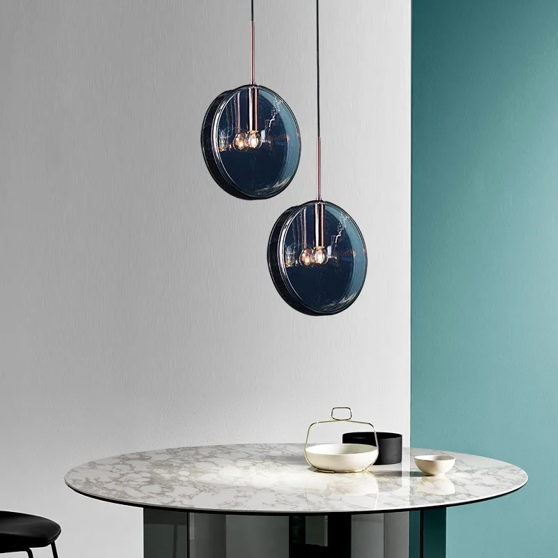 Modern Circular Dark Blue Glass Shade Horizontal / Vertical Pendant Lights E27 Bulb Wire Hanging Biscuit Droplights Living Room