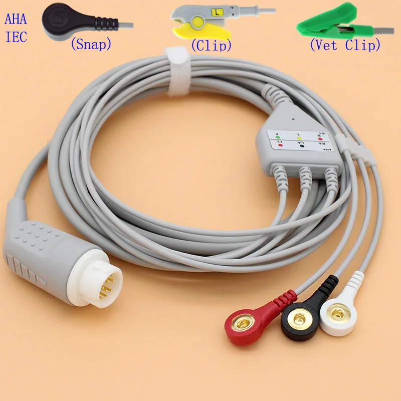 Compatible with 12PIN philips Patient ECG monitor 3 lead cable and electrode connector of Snap/Clip,AHA OR IEC