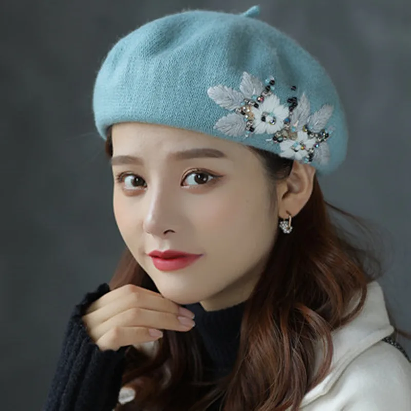 Beret Hats for Women French Artist hat Fashion Ladies Winter Beanie Embroidered Handmade Flower with Colorful Crystal