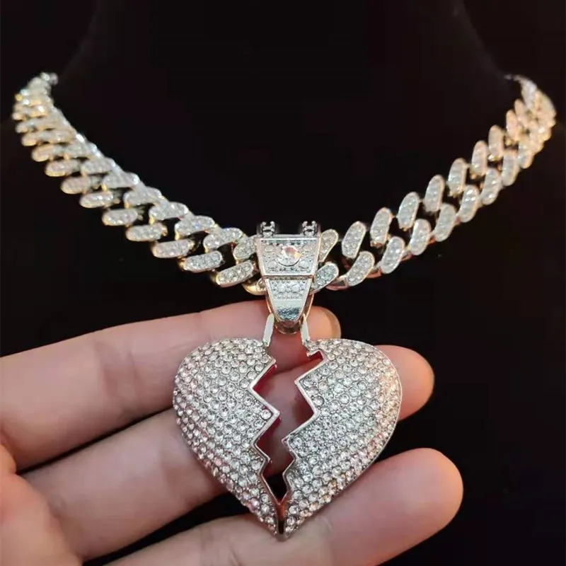 Men Hip Hop Chain Iced Out Bling Bling Heart Broke Pendant Necklace13mm Miami Cuban Chain HipHop Necklaces Fashion Charm Jewelry