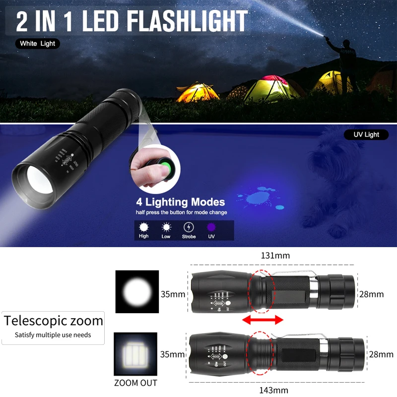 UV Flashlight Black Light 2 in 1 LED Flashlight for Camping Ultraviolet Blacklight Urine Detector for Cats,Pet Stains,Scorpions