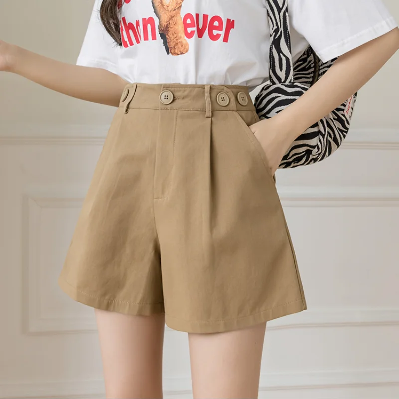 

2021 Summer New Women Casual Shorts Fashion Khaki Button High Waist Wide-leg Shorts Female Summer Draped Shorts