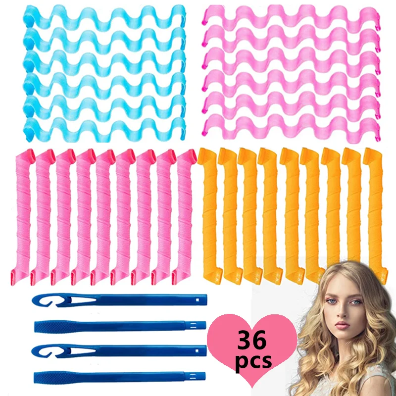 

36 PCS 55cm Magic Curler Heatless curls 18 Spiral Styling Curlers +18 Water Ripple Hair Rollers( With Hooks )