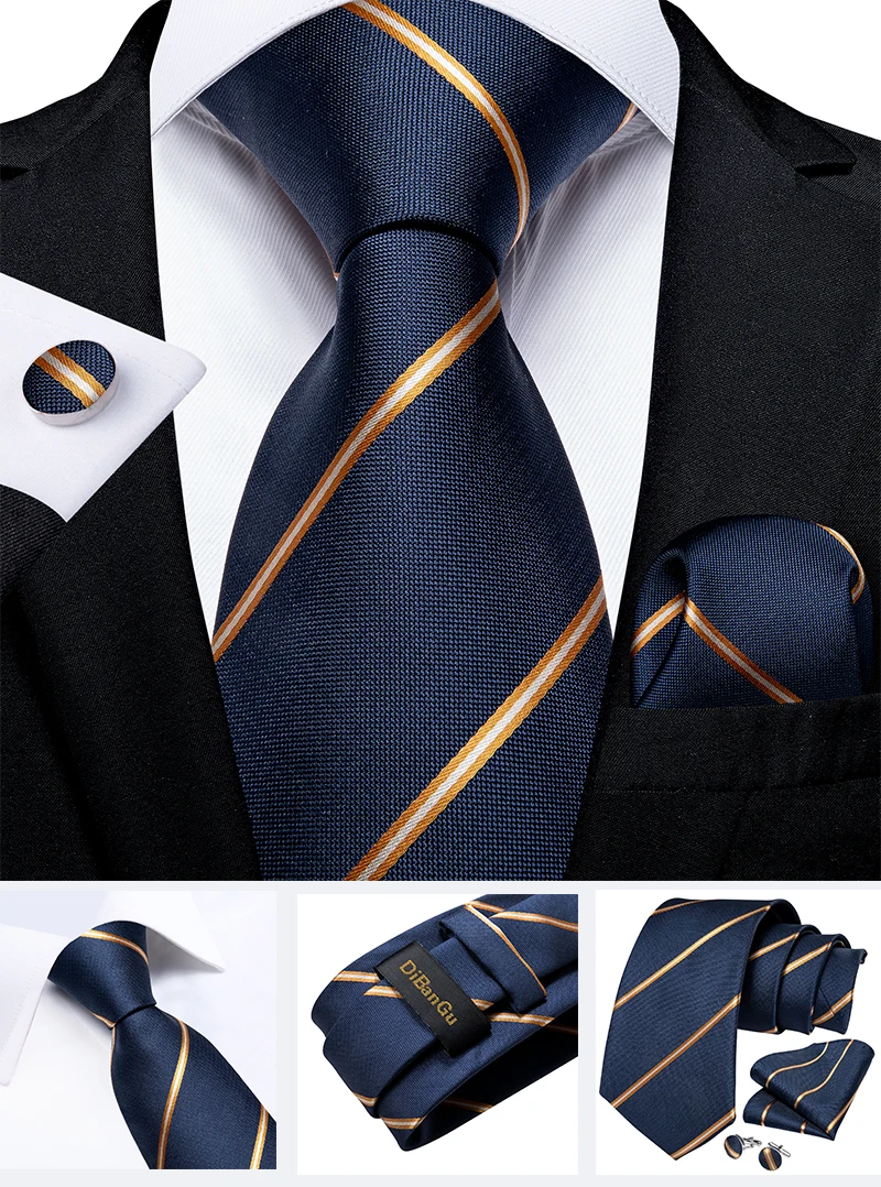 Klassische marineblaue Herrenkrawatte, gestreift, Paisley-Blumenmuster, Krawatten-Set mit Einstecktuch und Manschettenknöpfen, Business-Krawatten-Set, Geschenk für Männer – Detail 21