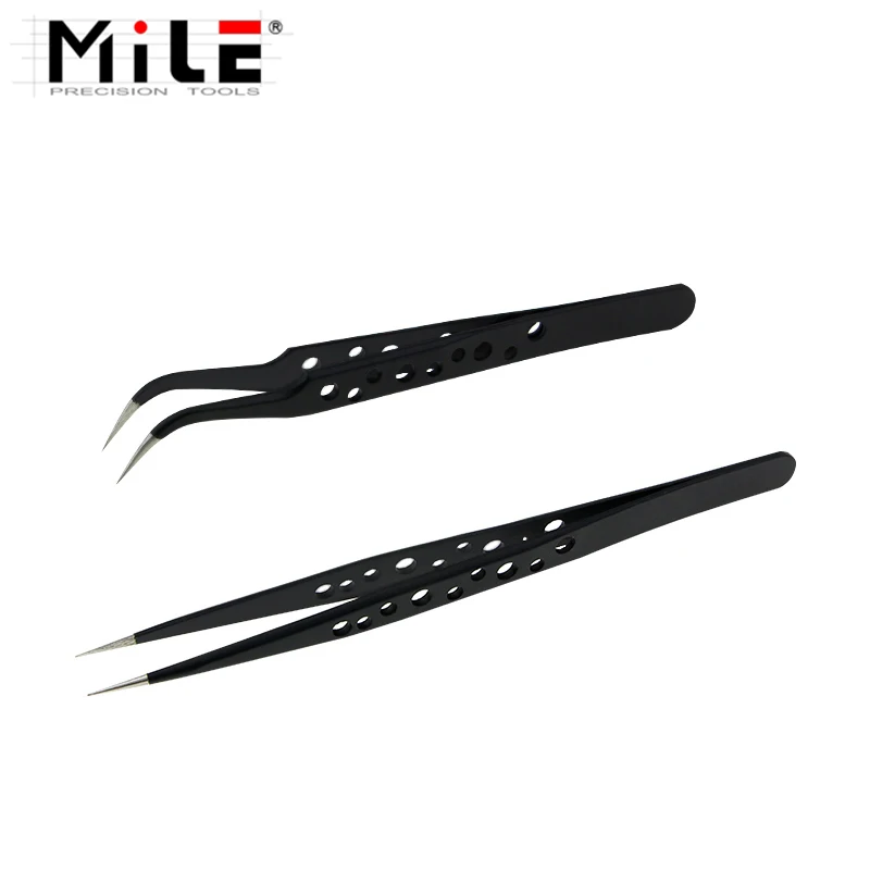 1PCS Stainless Steel Anti-Static Tweezers ESD Nine Holes Precision Curved Straight Tip Forceps Tools