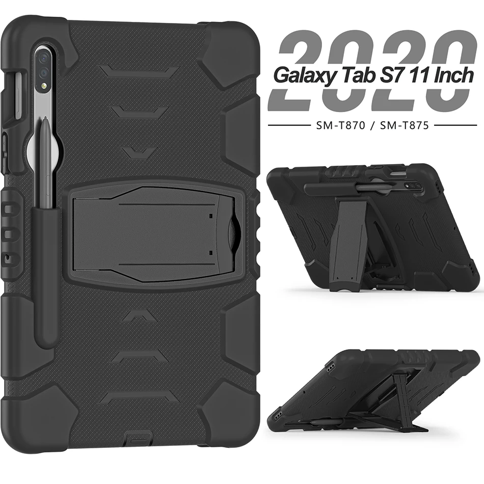 Premium Silicone Hybrid Case with Kickstand Pencil Slot for Samsung Galaxy Tab S7 11 inch T870 T875 Shockproof Cover