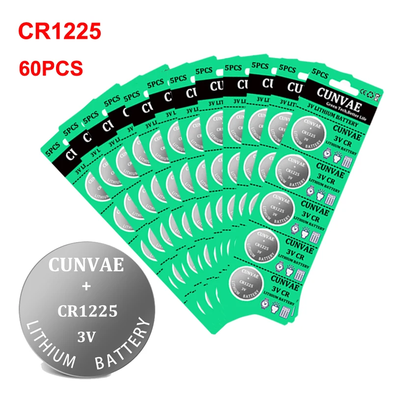 60pcs/12packs CR1225 Lithium Button Battery LM1225 BR1225 KCR1225 Cell Coin Batteries 3V CR 1225 For Watch Electronic Toy Remote